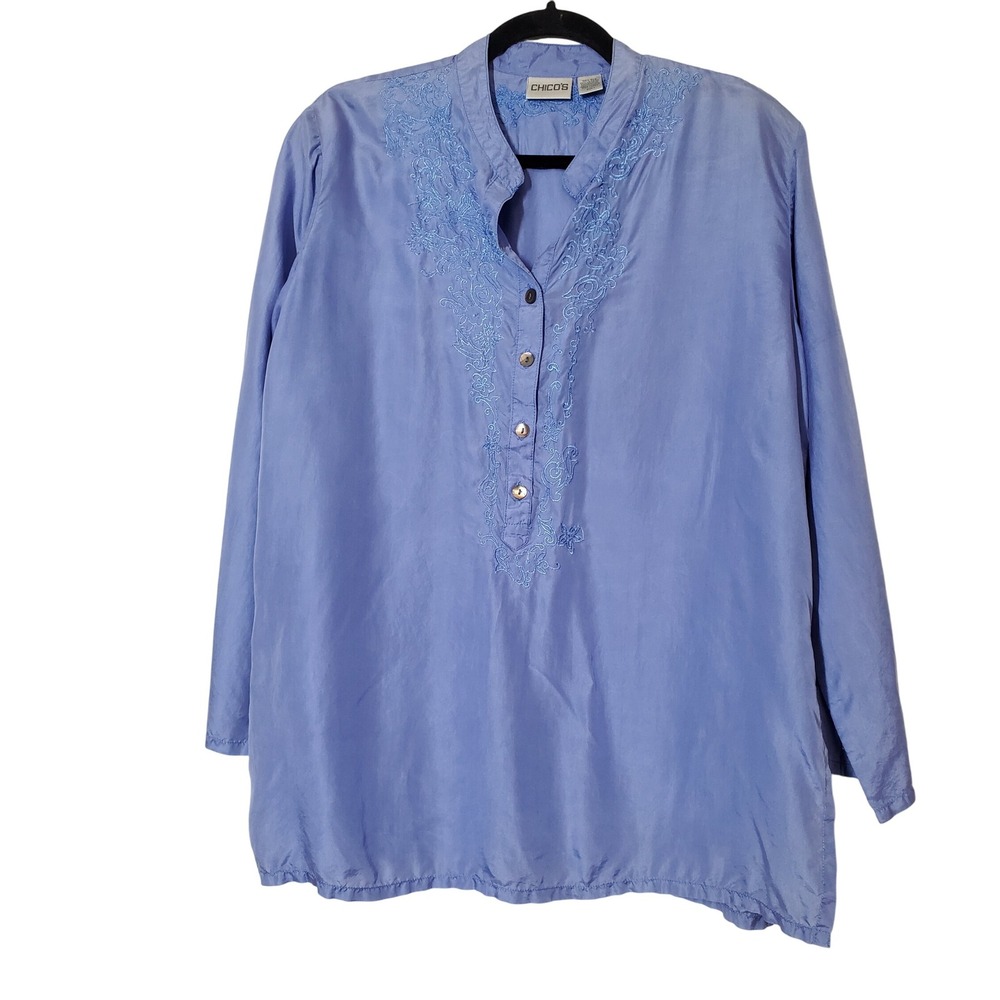 Chico's 1 Medium Blue Embroidered Silk Tunic Top Mandarin Collar Button Front